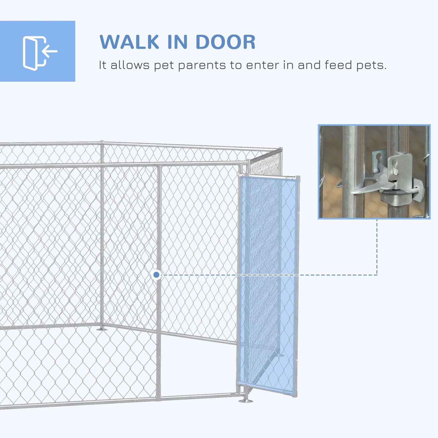 Outdoor dog run for large dogs with walk in door and secure latch for easy access and pet feeding