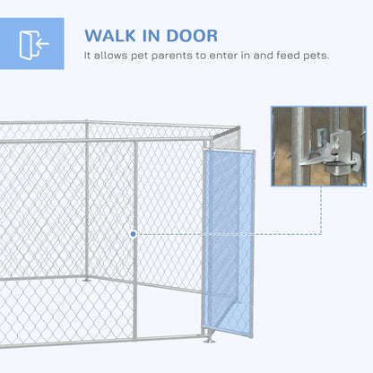 Outdoor dog run for large dogs with walk in door and secure latch for easy access and pet feeding