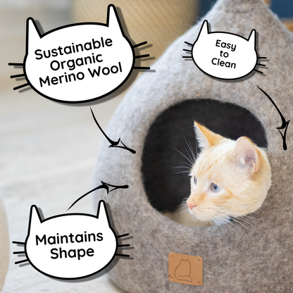 Cozy green cat cave bed made from sustainable merino wool, easy to clean and maintains its shape