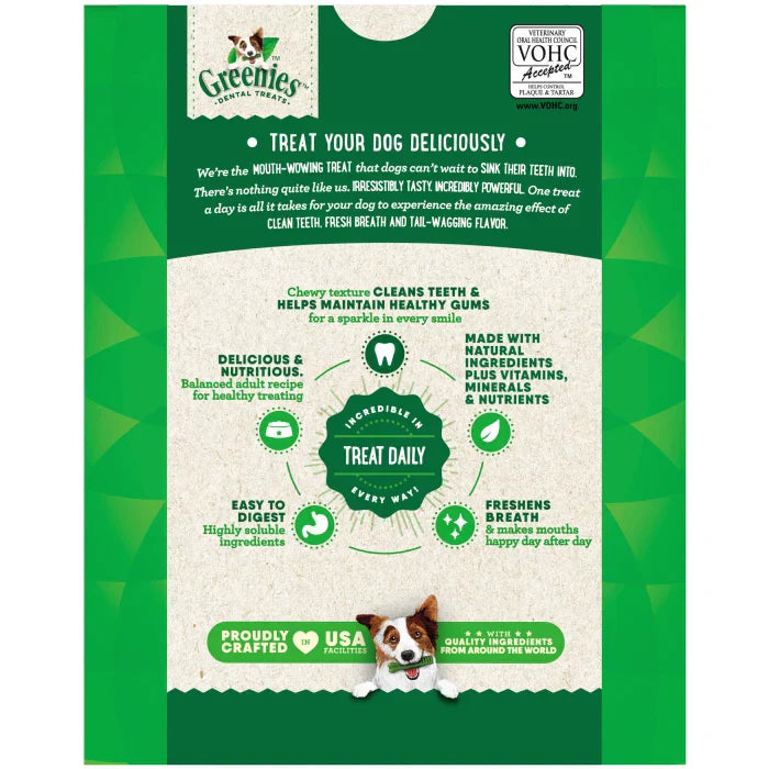 Greenies dental treats for dogs in packaging, promoting dental health and fresh breath for pets