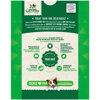 Greenies dental treats for dogs in packaging, promoting dental health and fresh breath for pets