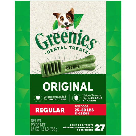 Greenies dental treats for dogs in original flavor, designed to fight plaque and tartar for healthy teeth