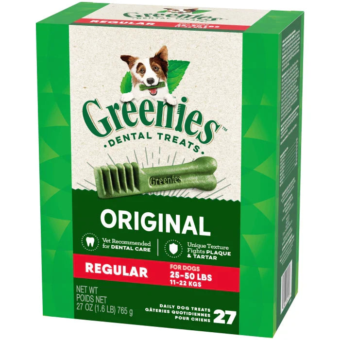 Greenies dental treats for dogs packed in a green box, designed for dental care and tartar control.