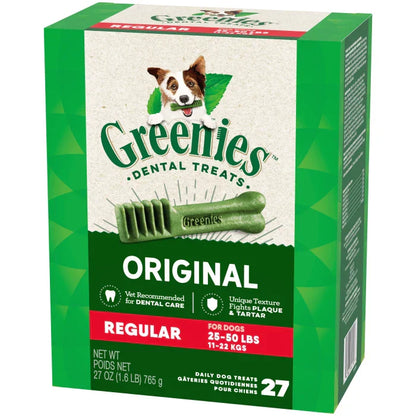 Greenies dental treats for dogs packed in a green box, designed for dental care and tartar control.