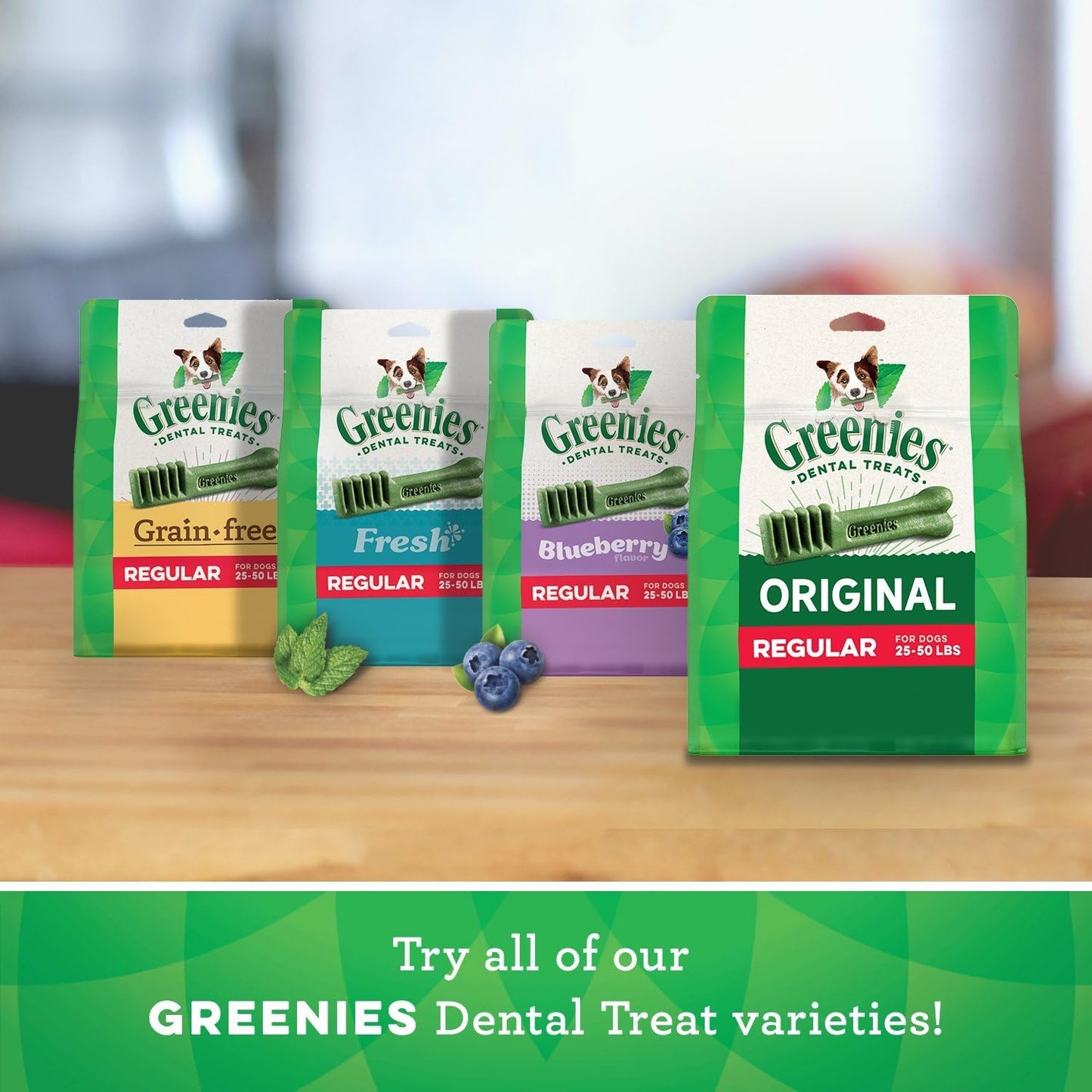 Variety of Greenies dental treats for large dogs including Original, Blueberry, and Fresh flavors