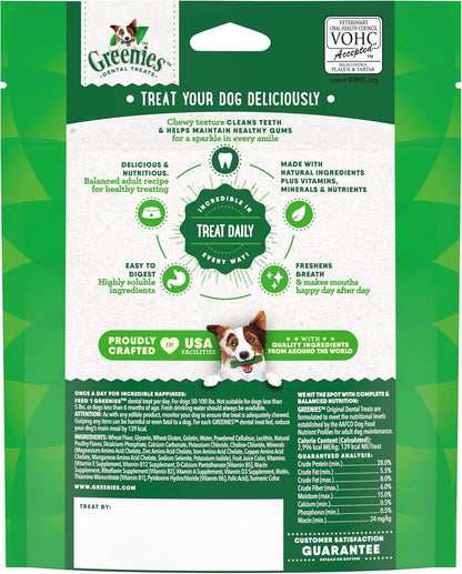 Greenies dental treats for large dogs in a green packaging, promoting dental health and freshness