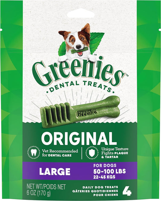 Greenies dental treats for large dogs in package, designed to fight plaque and tartar