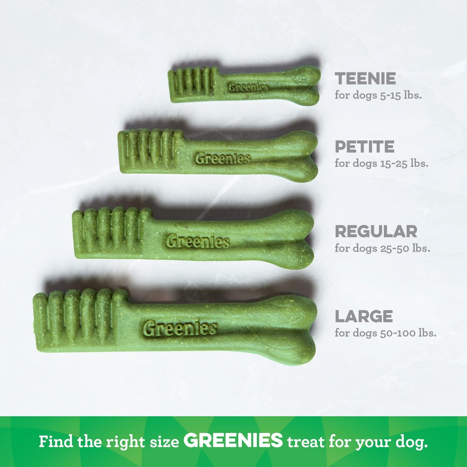 Greenies dental treats for large dogs in various sizes including Teenie, Petite, Regular, and Large