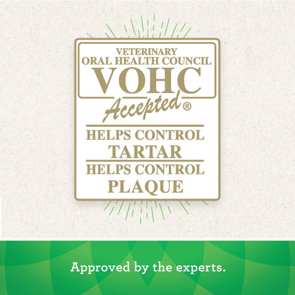Veterinary Oral Health Council Seal for Greenies dental treats for large dogs, helps control tartar and plaque