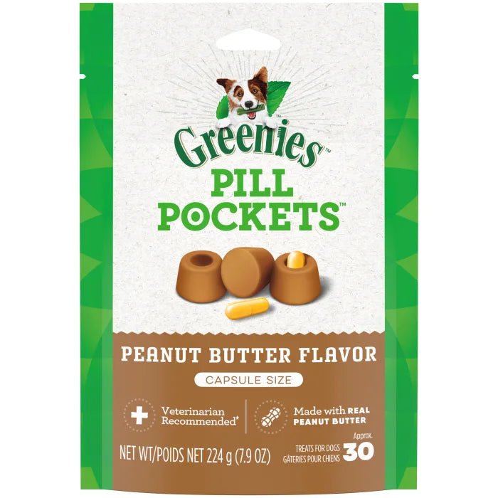 Greenies peanut butter pill pockets in a resealable bag, perfect for hiding capsules and making pills enjoyable for pets