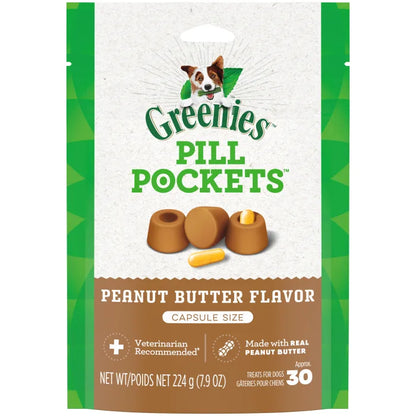 Greenies peanut butter pill pockets in a resealable bag, perfect for hiding capsules and making pills enjoyable for pets