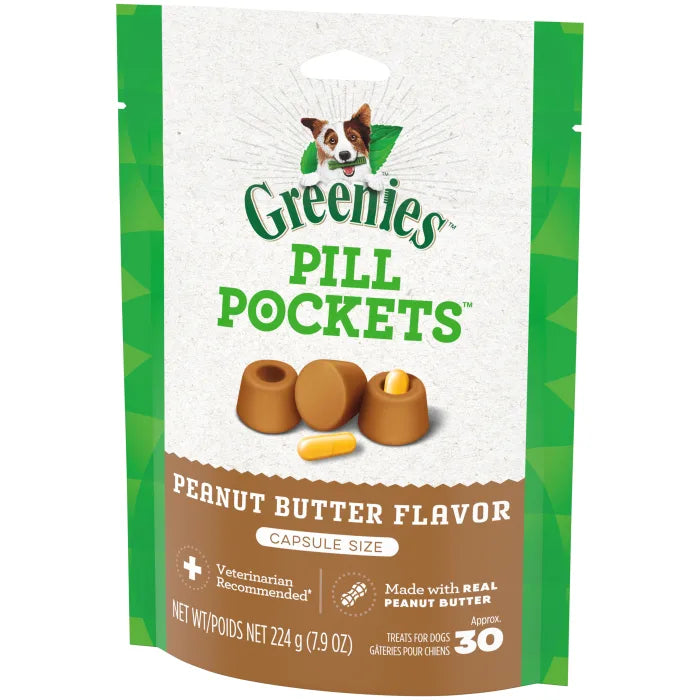 Greenies peanut butter pill pockets in a package, designed for easy pill administration for dogs