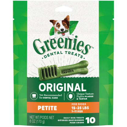 Greenies Petite Dental Treats for Dogs in a 6 oz bag, designed to fight plaque and tartar
