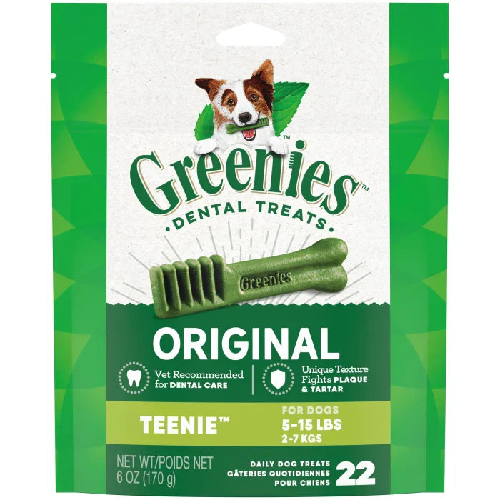 Greenies Teenie dental treats for dogs in a 6 oz package, designed for dental care and plaque control