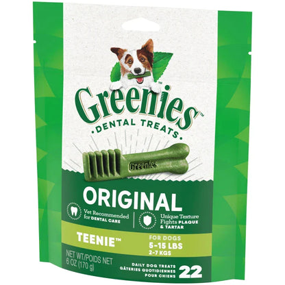 Greenies Teenie dental treats for dogs in a 6 oz package, designed to fight plaque and tartar
