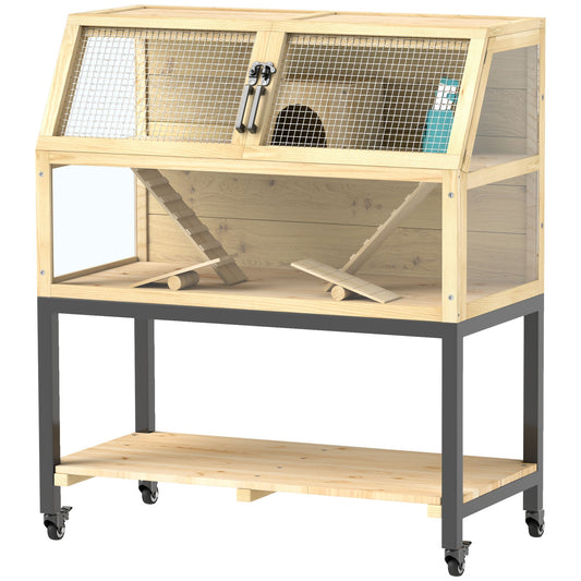 Spacious hamster cage with wheels featuring a wooden structure and ramps for easy access