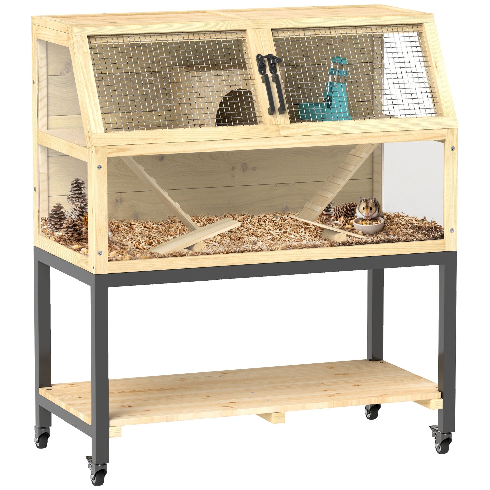Spacious hamster cage with wheels for easy mobility, includes wooden features and a clear viewing area