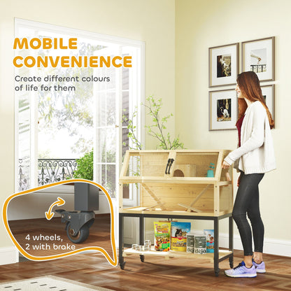 Hamster cage with wheels featuring four mobile casters for easy movement and convenience
