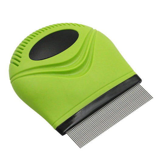 Green handheld flea comb for cats and dogs with fine metal teeth and ergonomic grip