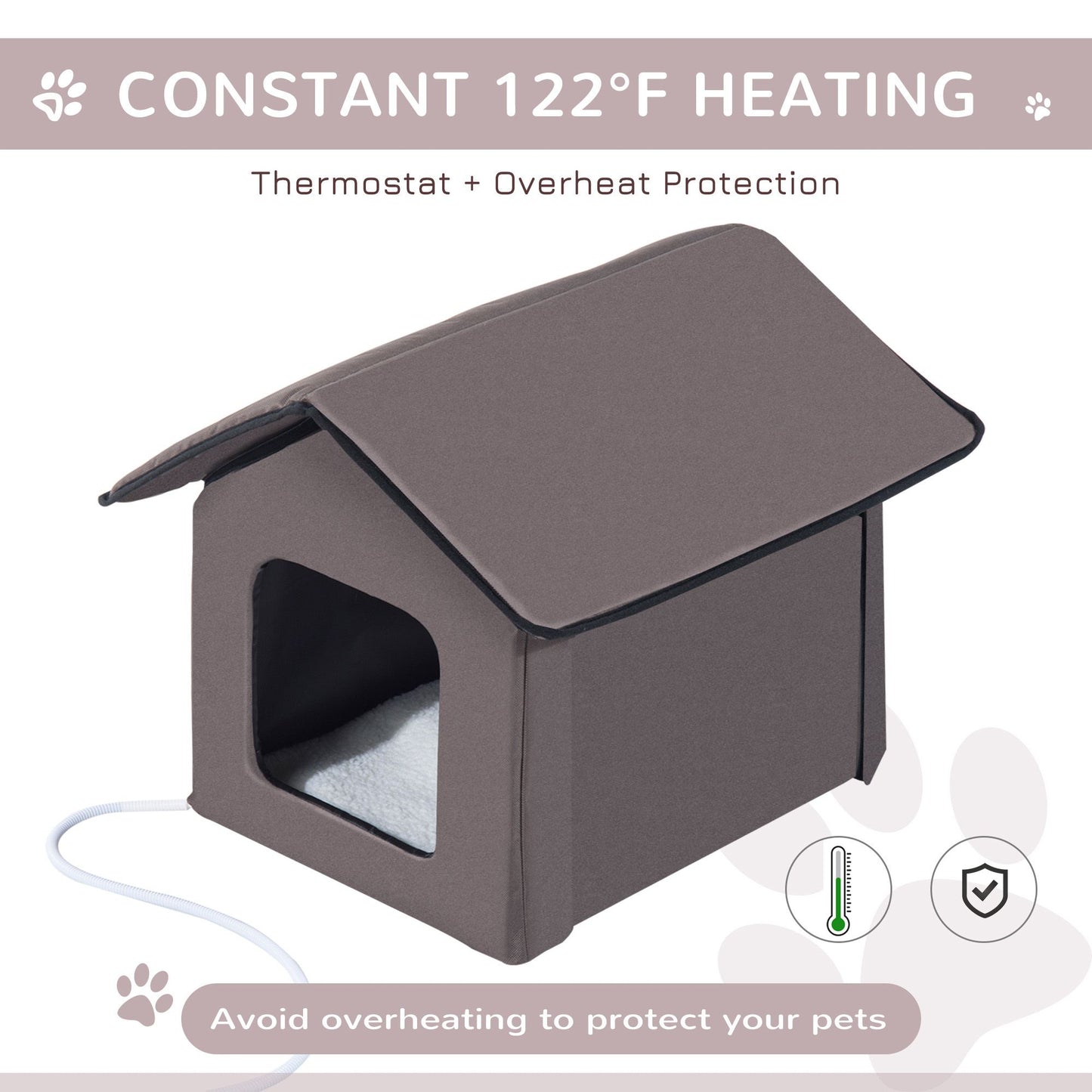Cozy heated cat house for outdoor use with constant 122°F heating and safety features