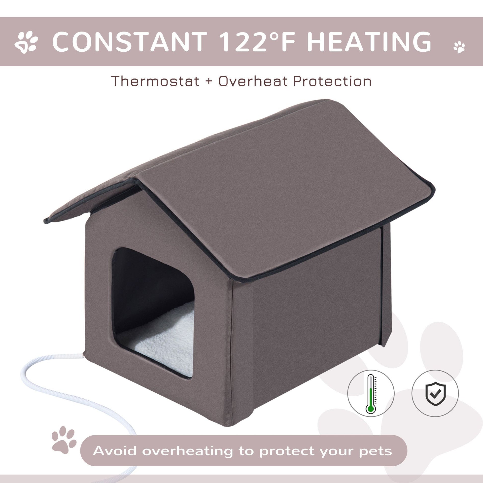 Cozy heated cat house for outdoor use with constant 122°F heating and safety features