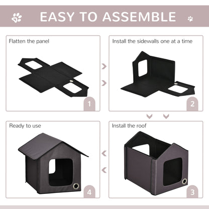 Steps to assemble a heated cat house for outdoor use, showing flat panels and installation process