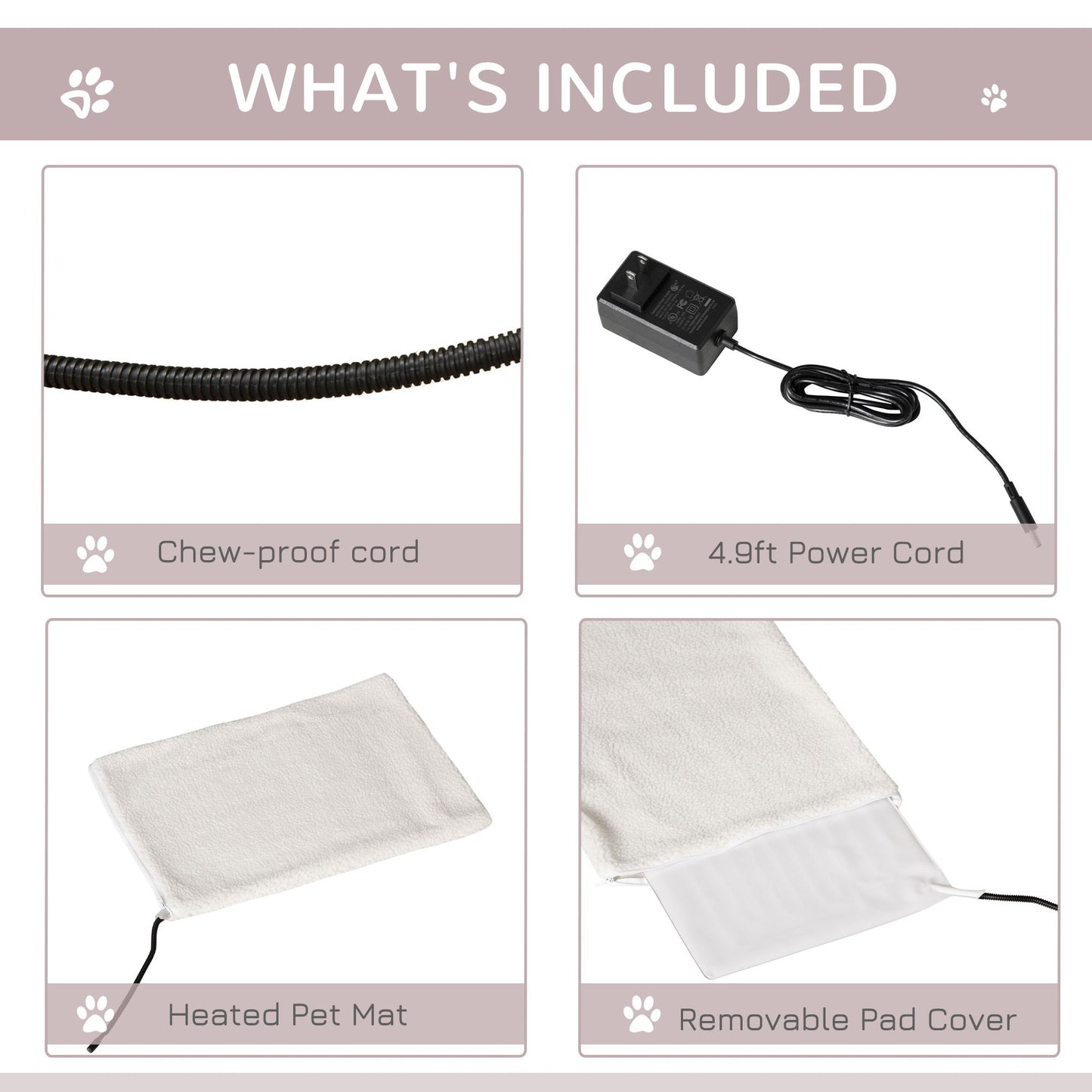 Included items for heated cat house for outdoor use, featuring chew-proof cord, power cord, heated pet mat, and removable cover.