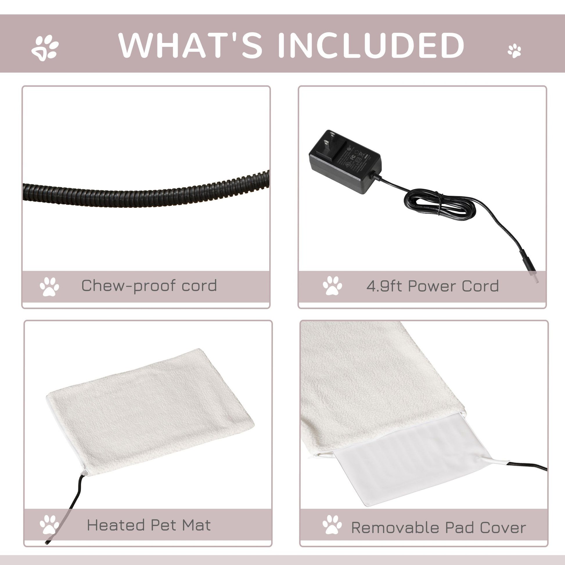 Included items for heated cat house for outdoor use, featuring chew-proof cord, power cord, heated pet mat, and removable cover.