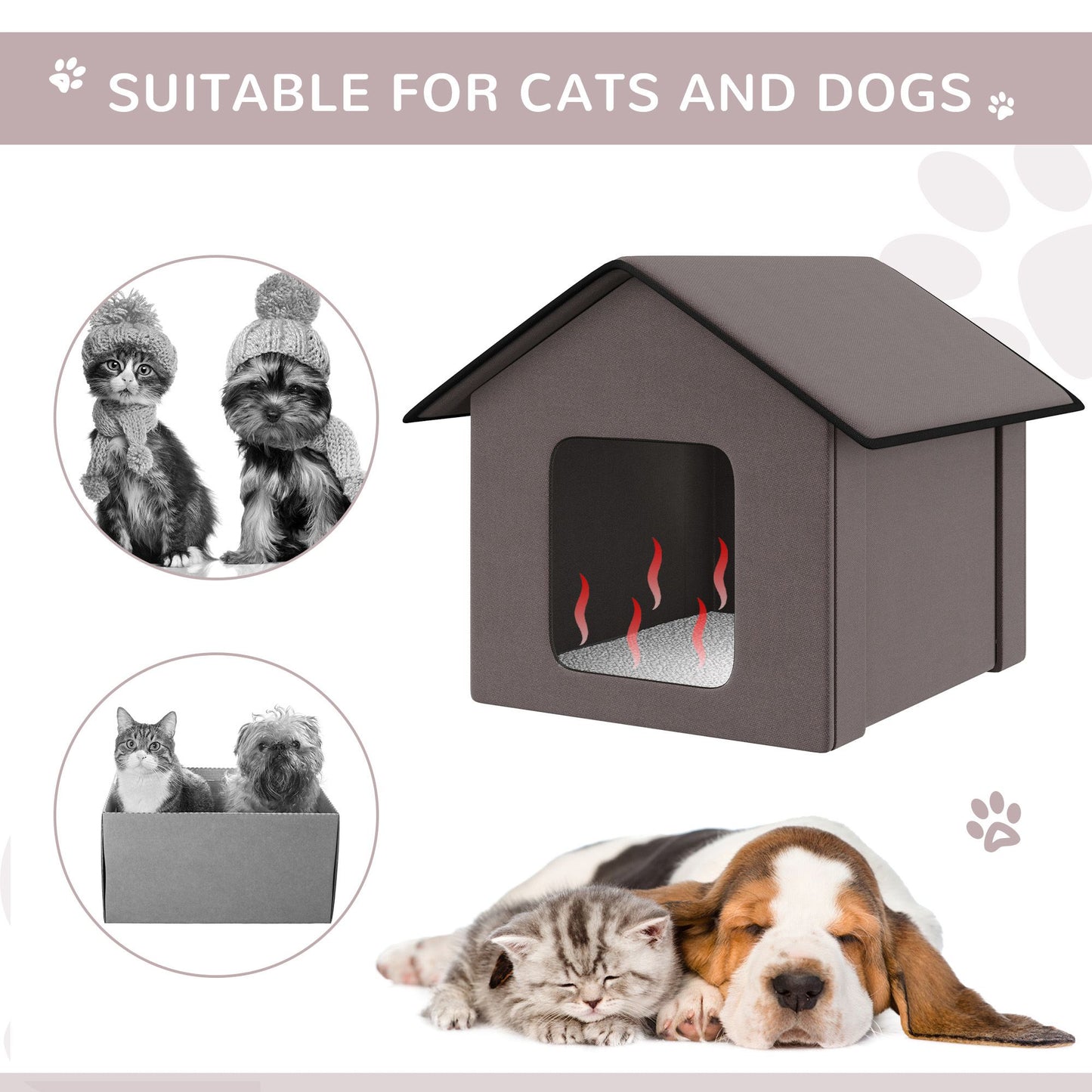 Heated cat house for outdoor use designed for pets with cozy interior and weather-resistant construction