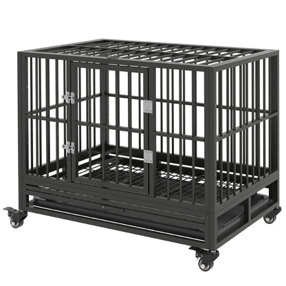 Black heavy duty dog crate with metal bars and wheels for easy mobility by PawCounter.com