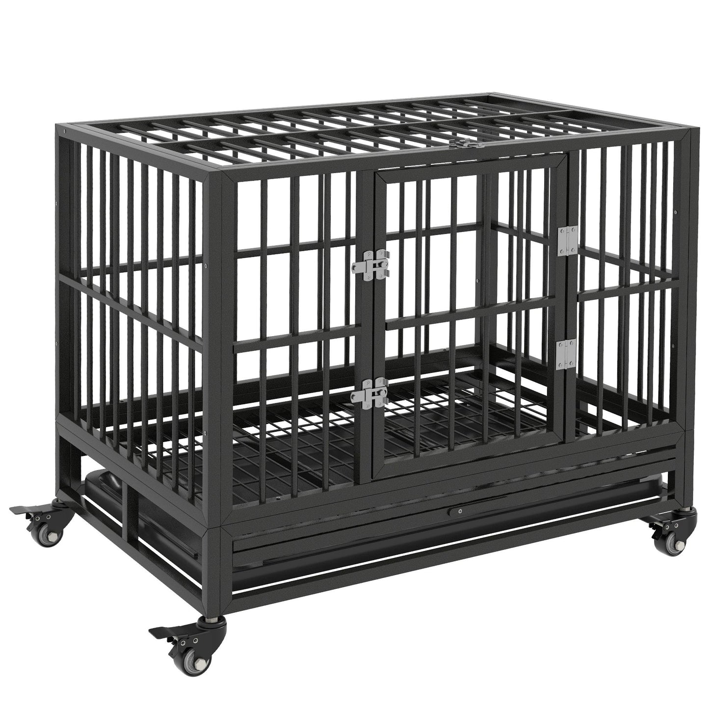 Heavy duty dog crate with strong metal bars and caster wheels for easy mobility