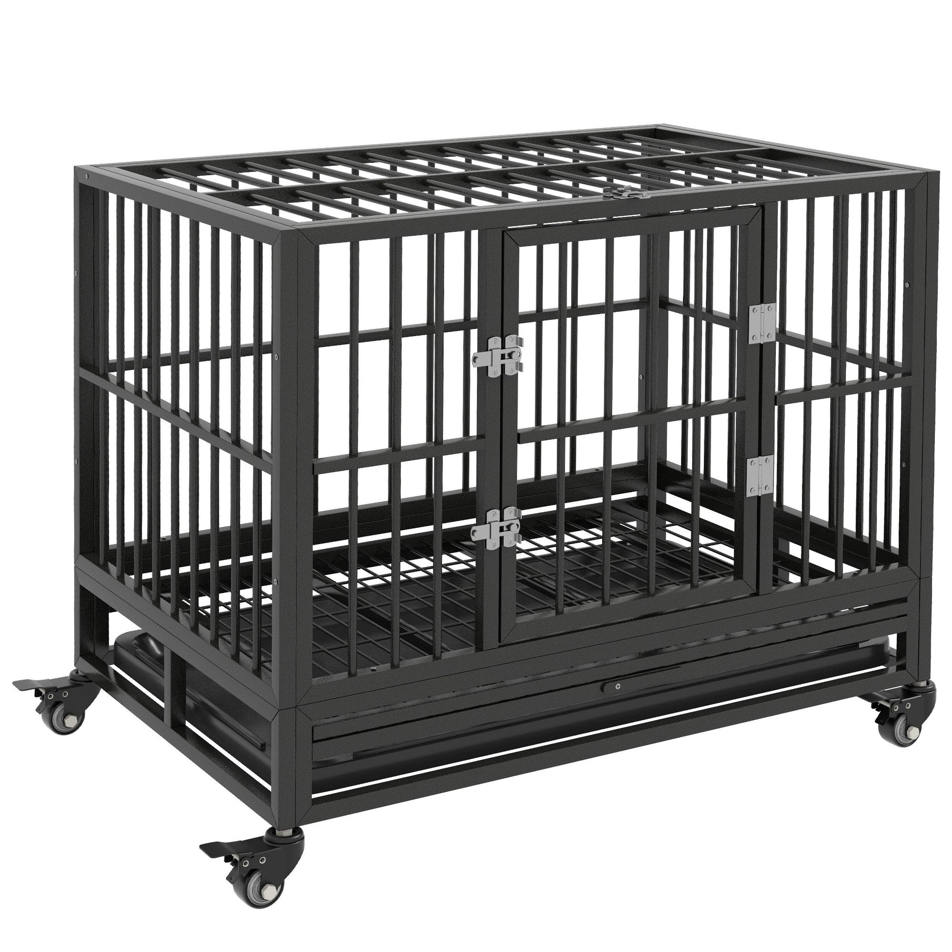 Heavy duty dog crate with strong metal bars and caster wheels for easy mobility