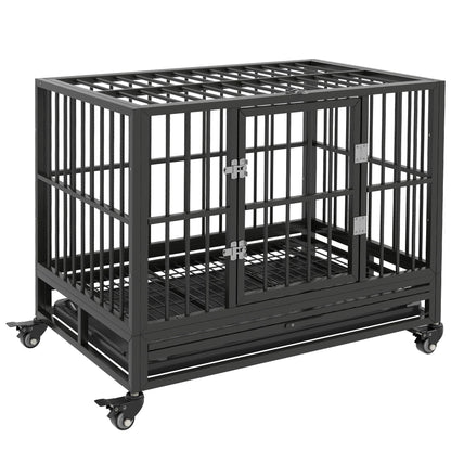 Heavy duty dog crate with strong metal bars and caster wheels for easy mobility