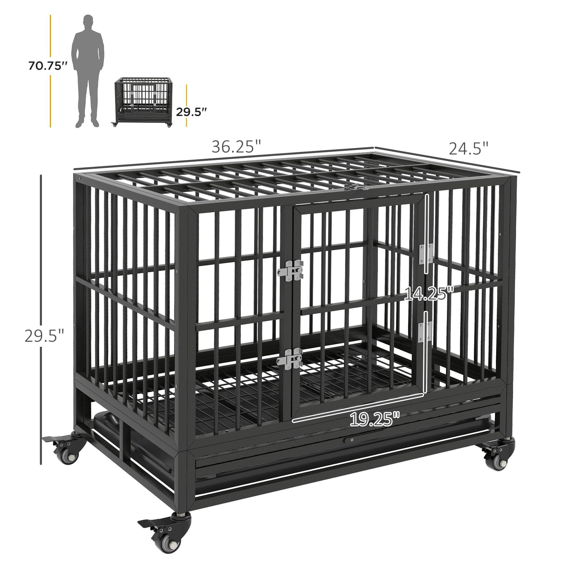 Heavy duty dog crate with black metal bars and wheels for easy mobility by PawCounter.com