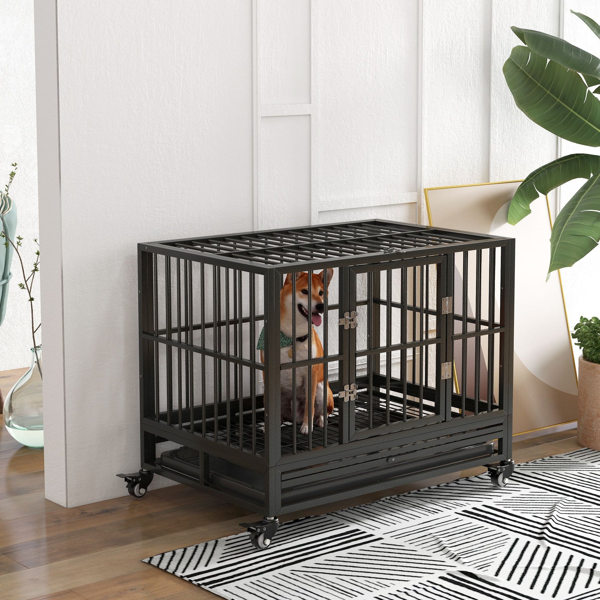 Heavy duty dog crate with a small dog inside on wheels in a modern living room