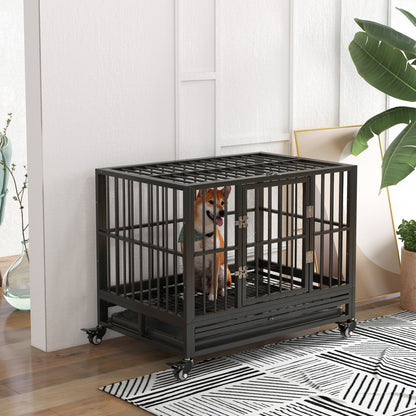 Heavy duty dog crate with a small dog inside on wheels in a modern living room