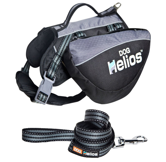 Helios 3-in-1 dog backpack in black and gray with adjustable straps and matching leash for outdoor use