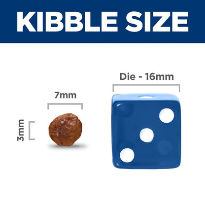 Kibble size comparison for The Family Pet Sensitive stomach dog food, showing 7mm kibble next to a die