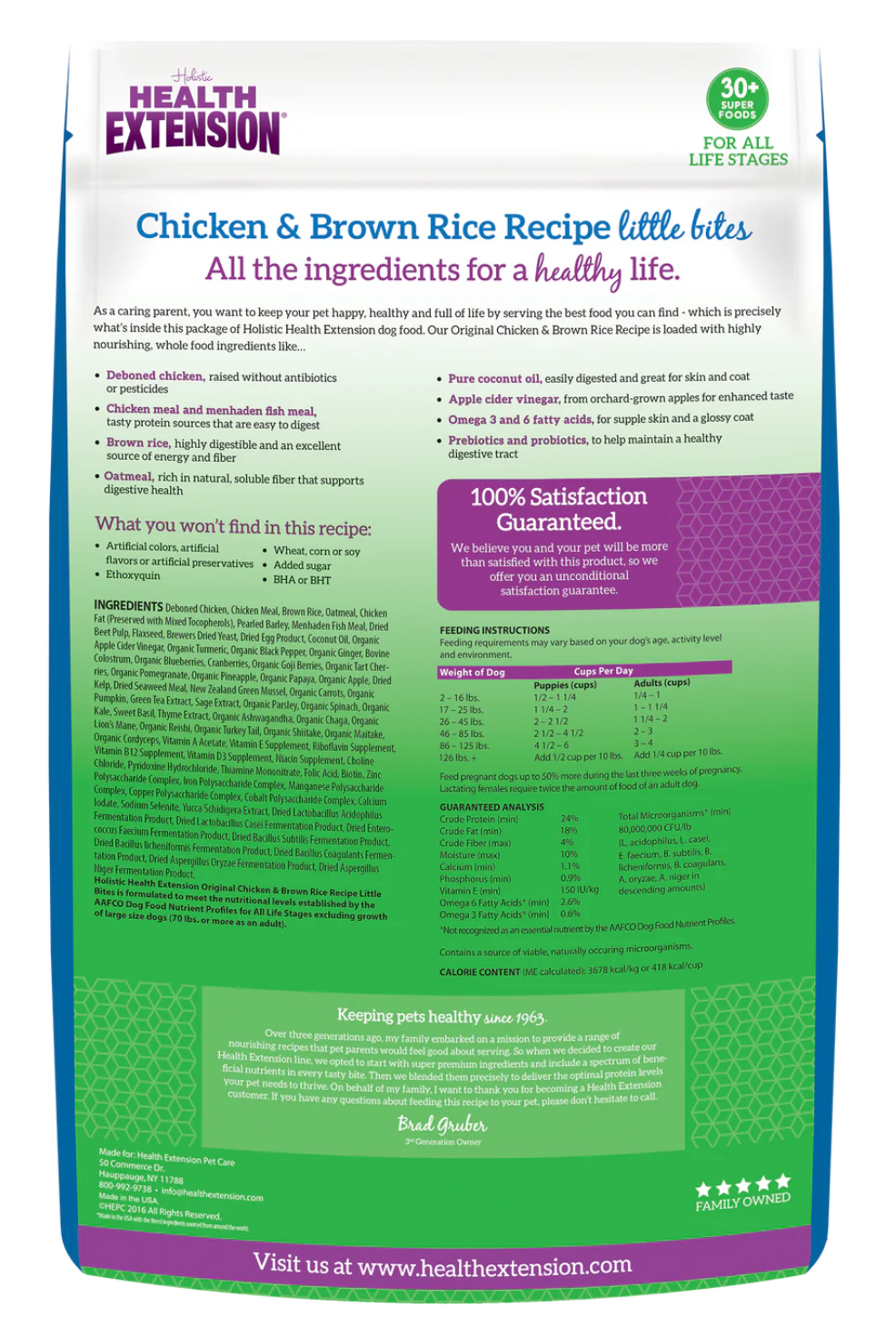 Health Extension Chicken and Brown Rice Dog Food bag with ingredients for a healthy dog life