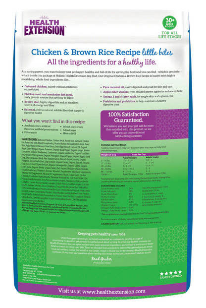 Health Extension Chicken and Brown Rice Dog Food bag with ingredients for a healthy dog life