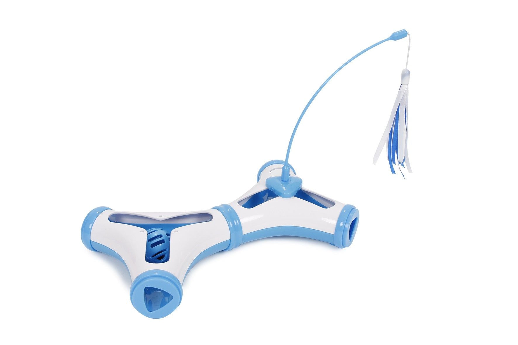 PawCounter.com interactive cat toy tunnel in white and blue with attached dangling feather teaser