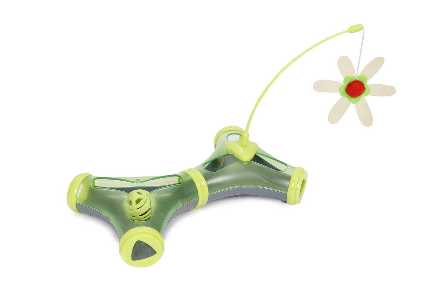 PawCounter interactive cat toy tunnel in green with attached flower teaser for cat play