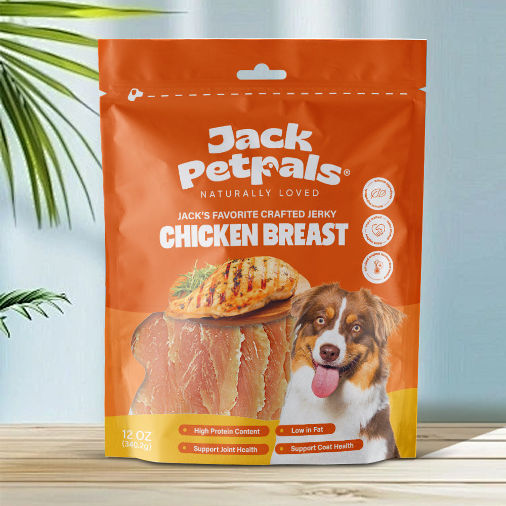 Jack Petpals chicken breast dog treats package with grilled chicken image and happy dog on front