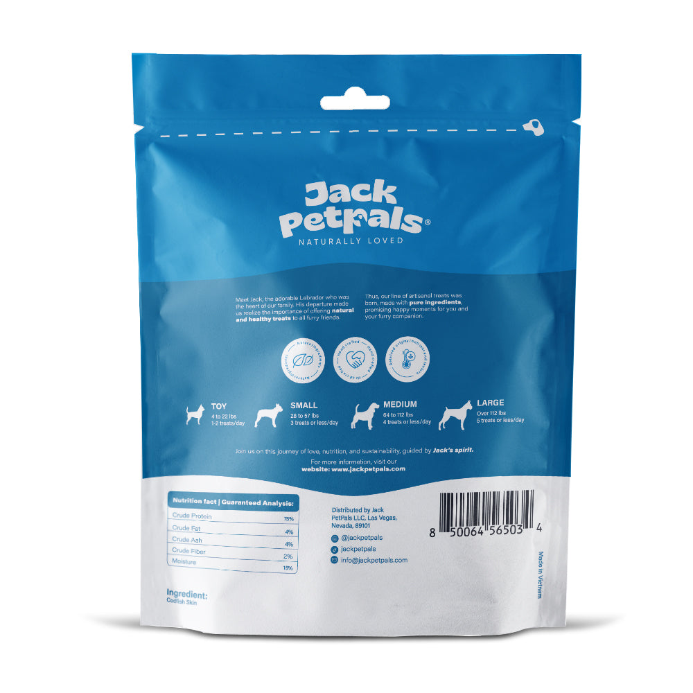 Back view of American Pet Supplies codfish skin dog treats packaging with product details and nutritional information