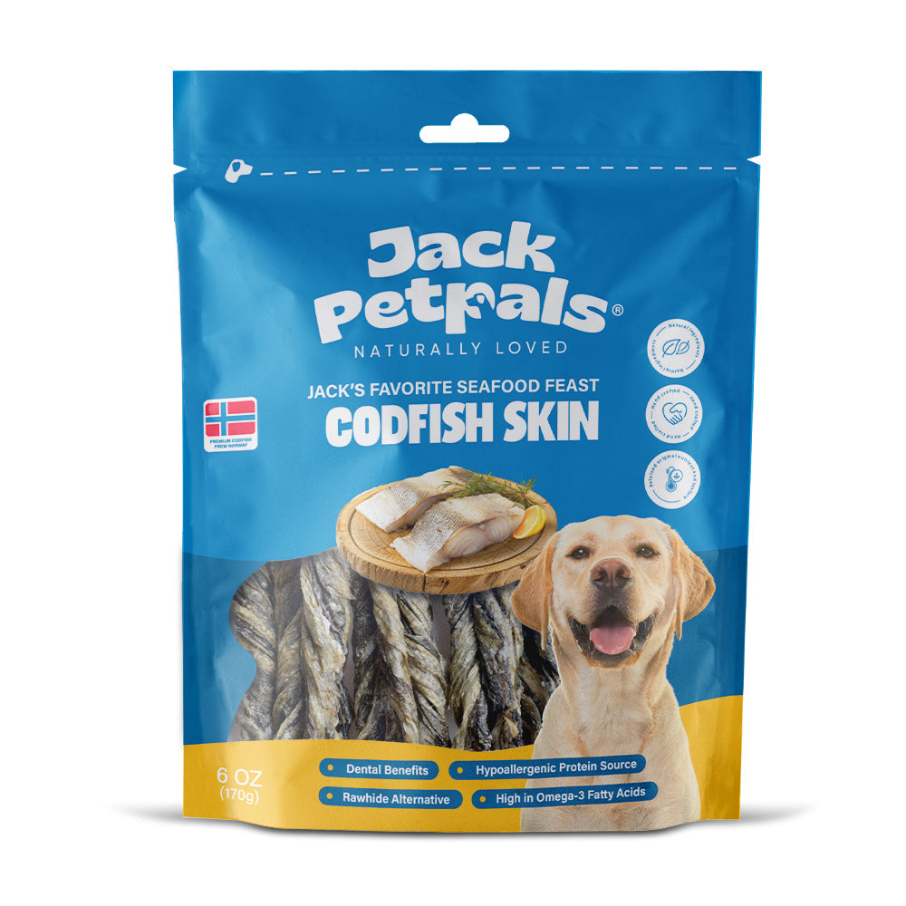 Jack Petfals codfish skin dog treats by American Pet Supplies in resealable blue and yellow bag
