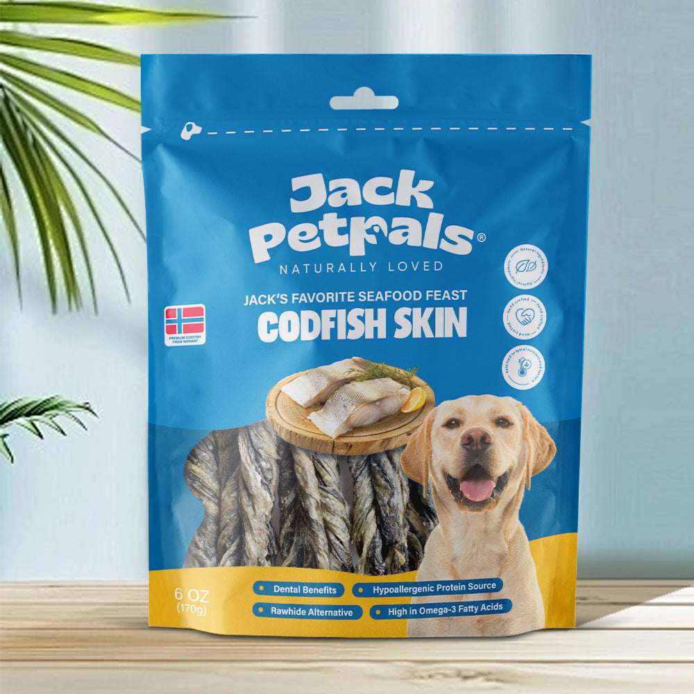 Jack Petrals codfish skin dog treats in resealable blue pack with happy dog image