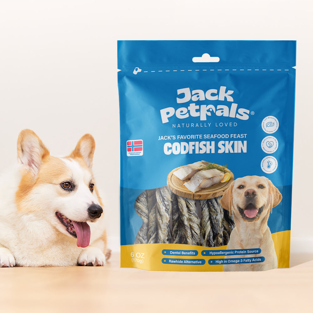 American Pet Supplies Jack Petrals codfish skin dog treats with happy dog lying next to blue package