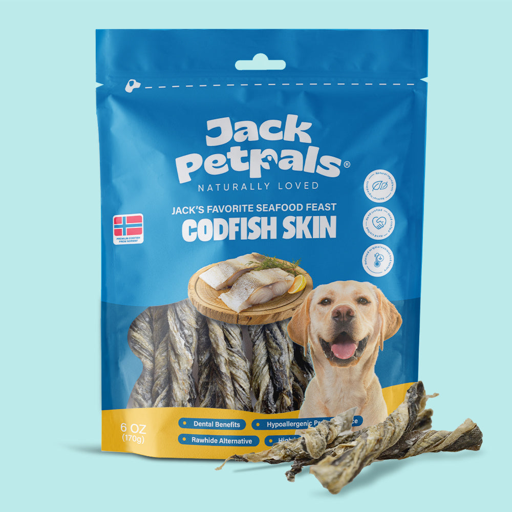 American Pet Supplies Jack Petrals codfish skin dog treats in resealable blue bag with happy Labrador image
