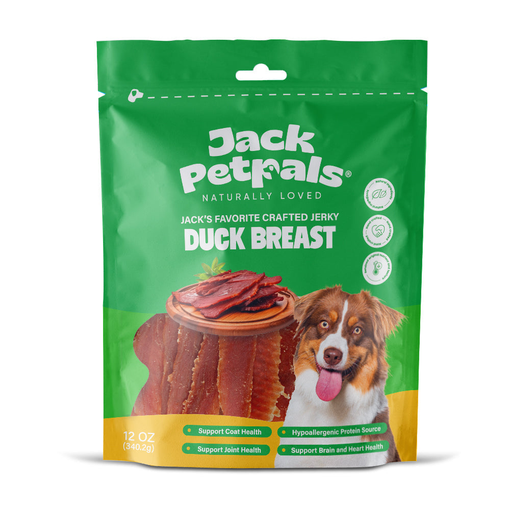 Jack Petpals duck breast dog treats in green resealable bag for healthy dogs