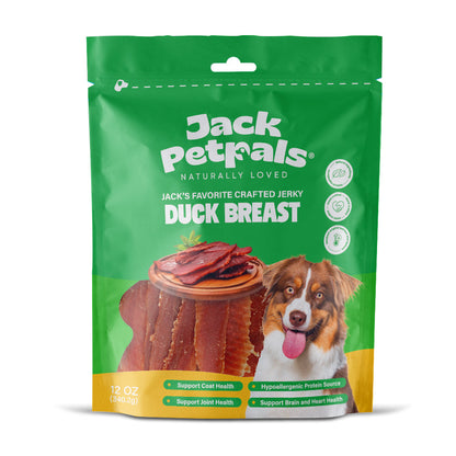 Jack Petpals duck breast dog treats in green resealable bag for healthy dogs